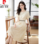 皮爾卡丹高端精致連衣裙女寬松2024年夏季新款絕美氣質(zhì)小個(gè)子灰色雪紡紗裙 米色 (配腰帶) M (90-110斤)