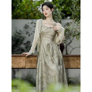 妍莉芬（yanlifen）吊帶連衣裙新中式女裝中國風(fēng)女2025夏季新款衣服水墨暈染裙子夏天 869吊帶裙+開衫 M