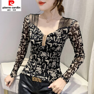 皮爾卡丹2025春秋新款性感V領(lǐng)長(cháng)袖T恤女裝氣質(zhì)亮絲網(wǎng)紗上衣洋氣百搭打底衫 大英文 M