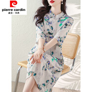 皮爾卡丹（pierre cardin）棉麻連衣裙女夏季2025新款印花改良旗袍裙中國風(fēng)顯瘦氣質(zhì)復(fù)古裙子 圖片色 2XL 130-150斤