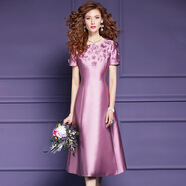菲夢(mèng)伊高級輕奢連衣裙女短袖夏季高端優(yōu)雅顯身材線(xiàn)條感氣質(zhì)禮服裙 粉紫色 L