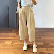 詩(shī)婭達春夏休閑褲女高腰寬松直筒顯瘦哈倫褲棉質(zhì)透氣百搭九分褲女褲 卡其色 L 建議105-115斤