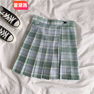 雷黛茜格子半身裙女時(shí)尚韓版A字百搭春夏短裙學(xué)院風(fēng)高腰百褶裙學(xué)生裙子 綠色半身裙 L