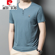 皮爾卡丹（pierre cardin）【易穿搭】中年爸爸裝常規(guī)袖T恤男立領(lǐng)三粒扣中國風(fēng)半袖純色體T恤 藍(lán)色 165/M