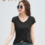 谷卓詩(shī)V領(lǐng)短袖T恤女2025夏季新款雞心領(lǐng)純色顯瘦洋氣寬松小衫體恤上衣 406黑色  小飛袖 2XL