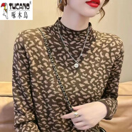 啄木鳥(niǎo)（TUCANO）德絨半高領(lǐng)打底衫女秋冬新款印花氣質(zhì)修身保暖T恤內搭上衣潮媽m媽 咖啡色【豹紋】 L 建議115-130斤