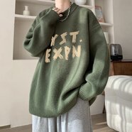 OEMG 圓領(lǐng)毛衣男女秋冬季加厚美式潮牌字母線衣寬松慵懶風(fēng)套頭針織衫 軍綠色 M [建議90-110斤]
