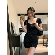 宜惜綺 碎花連衣裙女2024年夏季新款辣妹短袖針織裙矮個(gè)子性感包臀裙子 黑色短裙 均碼（80-130斤）