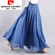 皮爾卡丹（pierre cardin）綠色棉麻半身裙春秋中長款氣質(zhì)不規(guī)則高腰大擺中國風(fēng)漢服A字長裙 牛仔藍 雙層不透 M 95C 適合腰圍60-100CM