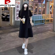 皮爾卡丹（pierre cardin）純棉T恤裙女2024新款夏季中長款寬松大碼短袖長t裙時(shí)尚直筒連衣裙 黑色(純色) 2XL