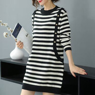 意枕上大碼女裝毛衣連衣裙女秋冬季加厚寬松外穿胖mm200斤長(cháng)款針織毛衫 黑白 2XL 建議：129-136斤