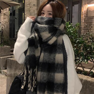 南極人圍巾女2025秋冬新款圍脖圍巾女冬款送女朋友高級百搭保暖防風(fēng)圍巾 黑白拼格 均碼