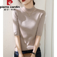 皮爾卡丹早秋時尚潮流半高領五分袖針織衫毛衣女2025新款修身中袖打底上衣 淺卡其色 2XL 【建議130-140斤】