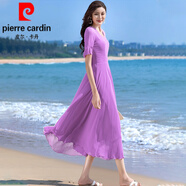 皮爾卡丹（pierre cardin）2025新款雪紡連衣裙女夏氣質(zhì)收腰顯瘦長(zhǎng)款大擺海邊度假沙灘長(zhǎng)裙子 淺紫色 XL