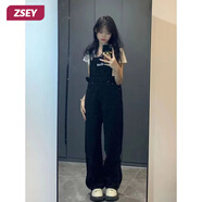 ZSEY黑色牛仔背帶褲女夏季款小個(gè)子寬松高腰顯瘦直筒闊腿連體長褲 黑色 M