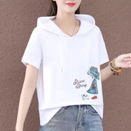 玖卡依純棉連帽短袖t恤女2025夏季新款寬松韓版體恤衫休閑短袖上衣女裝 白色-右下女孩 XL 建議110-125斤