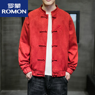 羅蒙（ROMON）春秋季中國風外套男鹿皮絨夾克寬松新中式古風盤扣男裝 紅色 M 100-120斤