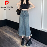 皮爾卡丹（pierre cardin）復(fù)古牛仔半身裙女2025年春夏季新款高腰顯瘦毛邊中長款魚尾裙子潮 復(fù)古藍(lán) 2XL