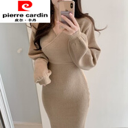 皮爾卡丹（pierre cardin）春秋法式交叉V領(lǐng)燈籠袖中長(zhǎng)款開(kāi)叉修身包臀針織連衣裙女 淺卡 均碼