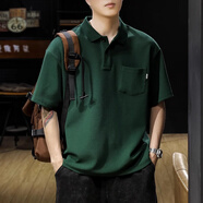 古先森美式重磅310g短袖t恤男夏季翻領(lǐng)保羅polo體恤衫寬松休閑有領(lǐng)上衣 墨綠色 4XL 【200-220斤】