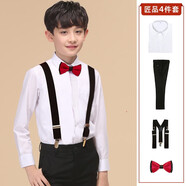 ELPA春秋季新款兒童西褲男童英倫修身長(cháng)褲子針織耐磨休閑褲 4件套：黑褲+襯衫+黑背帶+領(lǐng)結 165