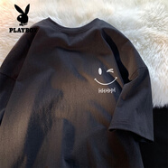 花花公子（PLAYBOY）純棉笑臉短袖t恤男款潮牌2025夏季新款男士寬松白色印花半袖衣服 黑色 3XL