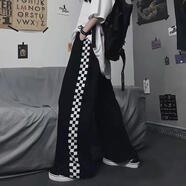 玖維婭長(cháng)褲夏季薄款初音未來(lái)印花原宿風(fēng)小眾寬松高腰直筒休閑二次元褲子 黑色(棋盤(pán)格) L