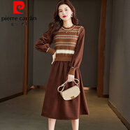 皮爾卡丹（pierre cardin）秋冬女2024新款大碼寬松法式羊毛針織毛衣裙假兩件長(cháng)袖打底連衣裙 咖色 M 90-105斤