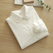 暖喬全棉襯衫女長(cháng)袖春秋小清新文藝寬松木耳邊打底衫通勤純棉白襯衣 白色木耳邊 L（115-125斤）