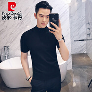 皮爾卡丹半高領(lǐng)短袖男t恤秋季修身羊毛半袖毛衣男士針織打底衫薄款潮 針織衫：黑色 2XL