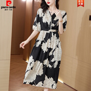 皮爾卡丹（pierre cardin）母親節(jié)媽I媽洋氣雪紡連衣裙子女夏季大號(hào)遮肚子氣質(zhì)名媛中長 黑白花 4XL