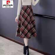 皮爾卡丹（pierre cardin）秋冬2025新款格子毛呢大碼半身裙女修身顯瘦寬松高腰中長(cháng)款大擺裙 卡紅格-有口袋-【裙長(cháng)75cm】 加厚 M 體重【90-110斤】