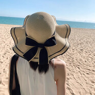 小野七天沙灘帽海邊遮陽帽大帽檐防曬太陽帽草帽夏季旅游戶外帽子 米色