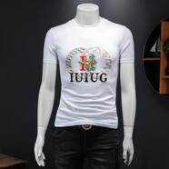 古馳湯米夏季絲光棉圓領(lǐng)字母刺繡短袖T恤男修身大碼個(gè)性亮片半袖 白色 M