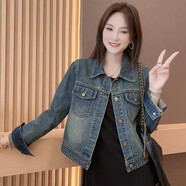 親素（KINNSU）春季新款港風(fēng)顯瘦牛仔外套女春秋款休閑寬松復(fù)古韓版短款牛仔衣女 牛仔藍(lán) L