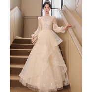唐努烏（Tang Nu wu）高端法式晚禮服女畢業(yè)新款成人禮服演出服宴會氣質聲樂藝考長裙 香檳色【長袖】 M 【95-105斤】