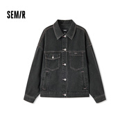 森馬森柔牛仔森馬牛仔外套女滿(mǎn)印春秋寬松夾克潮流 牛仔水洗黑98201 155/80A/S
