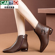 卡帝樂(lè )鱷魚(yú)（CARTELO）高檔真皮短靴女粗跟秋冬季年新款女裝皮鞋尖頭靴子女加絨馬丁靴女 棕色【不加絨】 37