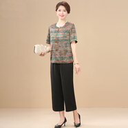 甘甘的世界夏裝新中式短袖小衫闊腿褲套裝洋氣甘夫人女裝休閑兩件套 綠色 2XL （適合120-135斤）