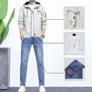 gxmy【三件套】夾克外套男士套裝連帽春秋季韓版一套搭配修身衣服男裝 卡其外套+白T+藍色牛仔褲 XL【120-140斤】