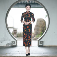 應否旗袍長(cháng)款旗袍春秋復古修身顯瘦改良日常旗袍演出服中國風(fēng)旗袍夏季 黑色銀杏葉 XL