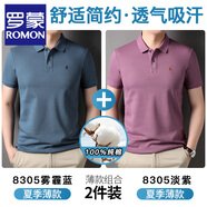 羅蒙（ROMON）100%純棉POLO領(lǐng)衫男士夏季薄款翻領(lǐng)商務(wù)短袖T恤體恤衫上衣潮 8305霧霾藍+8305淡紫【兩件裝】 XL 175- 130-150斤