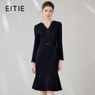 愛特愛（EITIE）氣質(zhì)魚尾修身包臀收腰顯瘦V領(lǐng)釘珠呢子連衣裙大牌冬季新款7207924 深海藍31 L 165