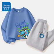 真維斯男童套裝秋季新款兒童秋天卡通上衣中大童小男孩外穿薄款運動(dòng)秋裝 【薄款套裝】藍（火）灰（熊） 120