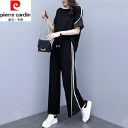 皮爾卡丹（pierre cardin）冰絲休閑套裝女夏季新款減齡時(shí)尚洋氣闊腿褲百搭倆件裝顯瘦減齡 黑色套裝【炸街/氣質(zhì)/設(shè)計(jì)感/歐 2XL【135-155斤】