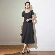 詩(shī)萌【菱形系帶領(lǐng)設(shè)計(jì)連衣裙女】2024新款夏高腰短袖顯瘦a字長(zhǎng)裙 灰色 S