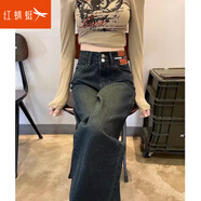 紅蜻蜓牛仔褲女窄版直筒2025年春季新款女裝高腰女士休閑闊腿加絨褲子女 常規 水泥灰長(cháng)褲 L