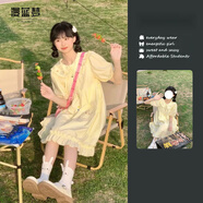 漫藍(lán)夢(mèng)韓版甜美奶黃色娃娃領(lǐng)連衣裙女學(xué)生夏季新款寬松a字中裙子 連衣裙 L