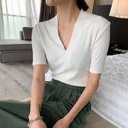 別語(yǔ)黑色深V領(lǐng)t恤女短袖修身顯瘦洋氣打底衫春夏新款百搭性感半袖上衣 白色【中袖】 XXL (126-140斤)