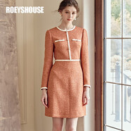 ROEYSHOUSE羅衣小香風(fēng)拼接修身連衣裙秋冬新款氣質(zhì)純色粗花呢裙子09237 焦糖色 XL